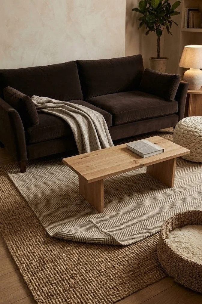 Herringbone wool rug layered over jute under a dark brown sofa living room seating area