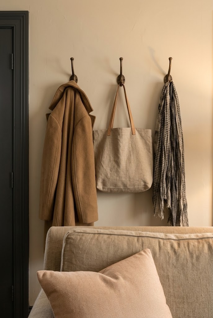 Three coat hooks mounted high above a sofa back near the front door