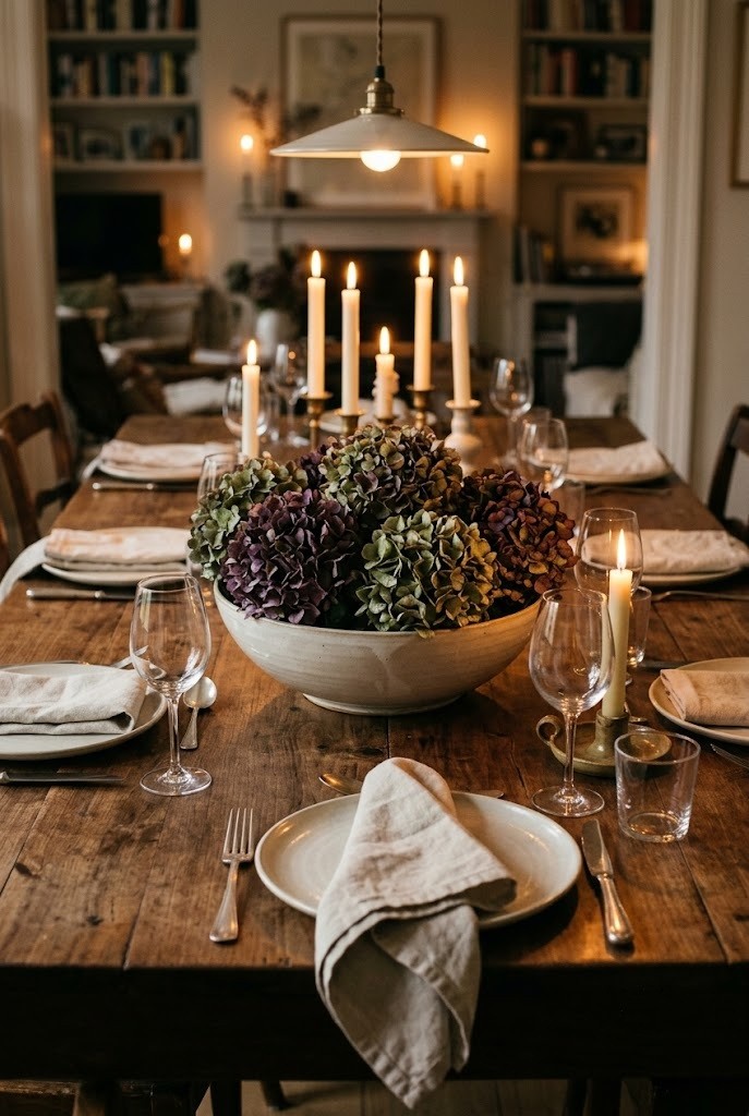 Low bowl of aubergine and green dried hydrangea on a candlelit dinner table