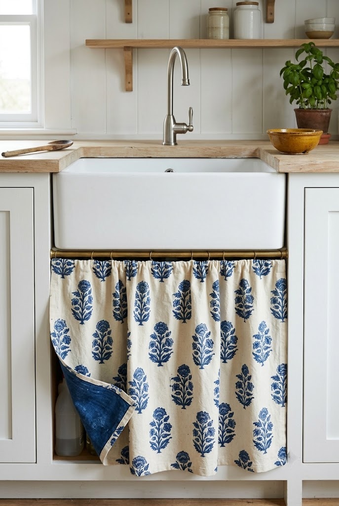 Indigo block print floral cabinet skirt on cream cotton below a white ceramic sink