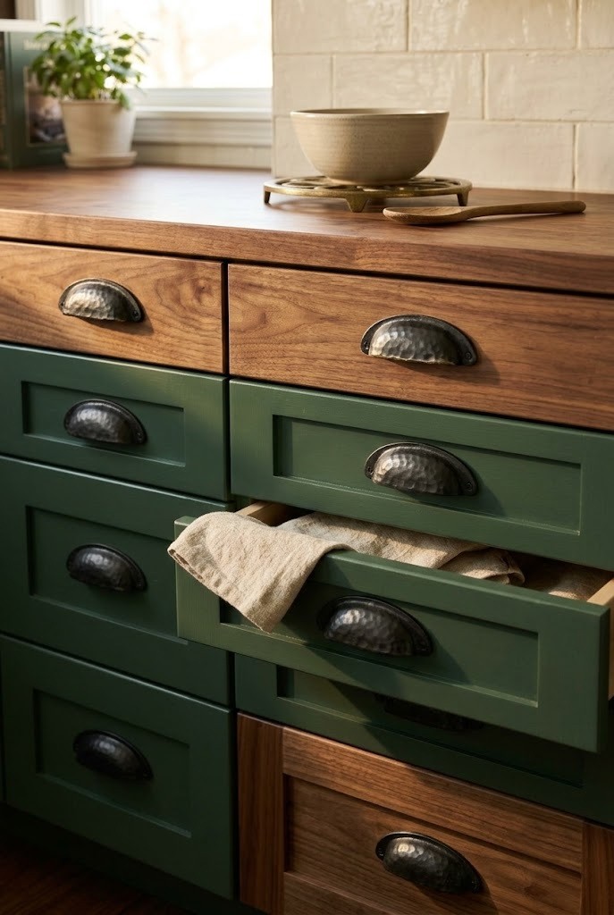 Blackened-iron bin pulls across a kitchen drawer bank for an old-farmhouse look