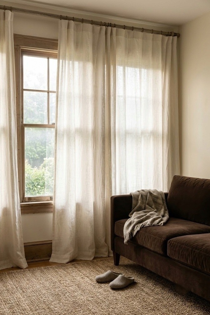 Ivory linen curtains hung high beside a dark brown sofa living room window