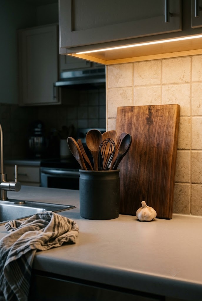 Dark utensil crock and walnut board styled on a rental kitchen counter
