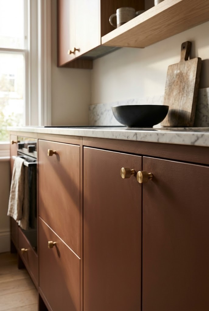 Knurled brass knobs on clay-brown cabinets, a budget neo deco decor idea