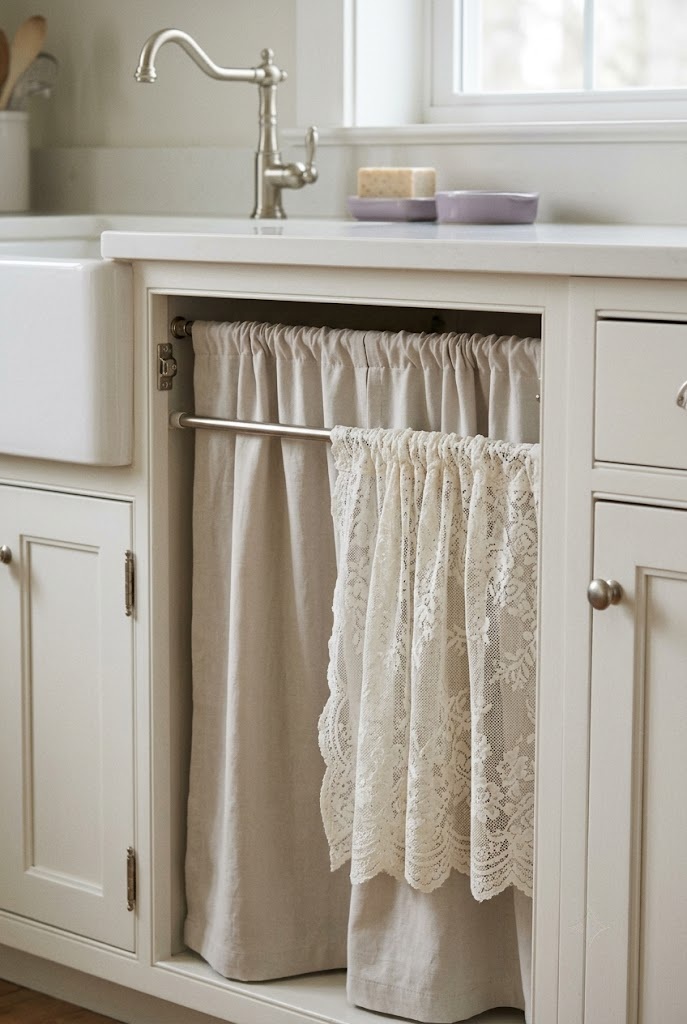 Cotton lace panel layered over a pale linen liner on two tension rods under a sink