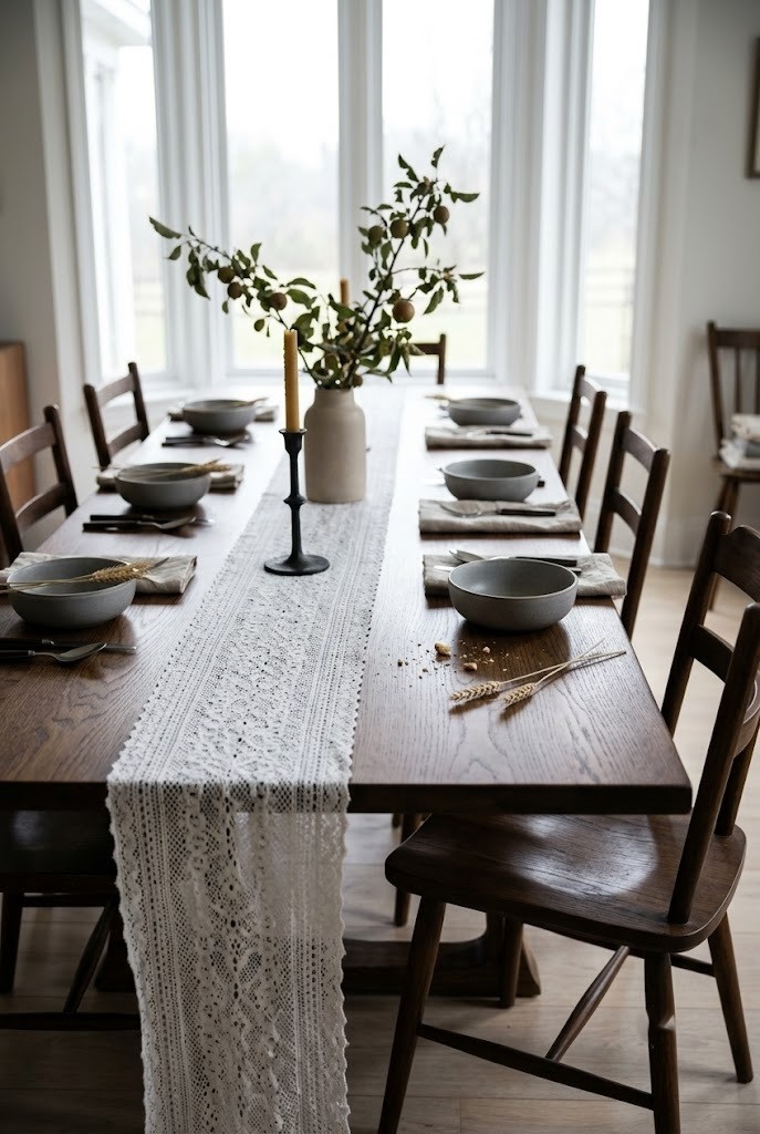 Narrow white lace runner on a dark oak dining table with grey stoneware and a black candlestick