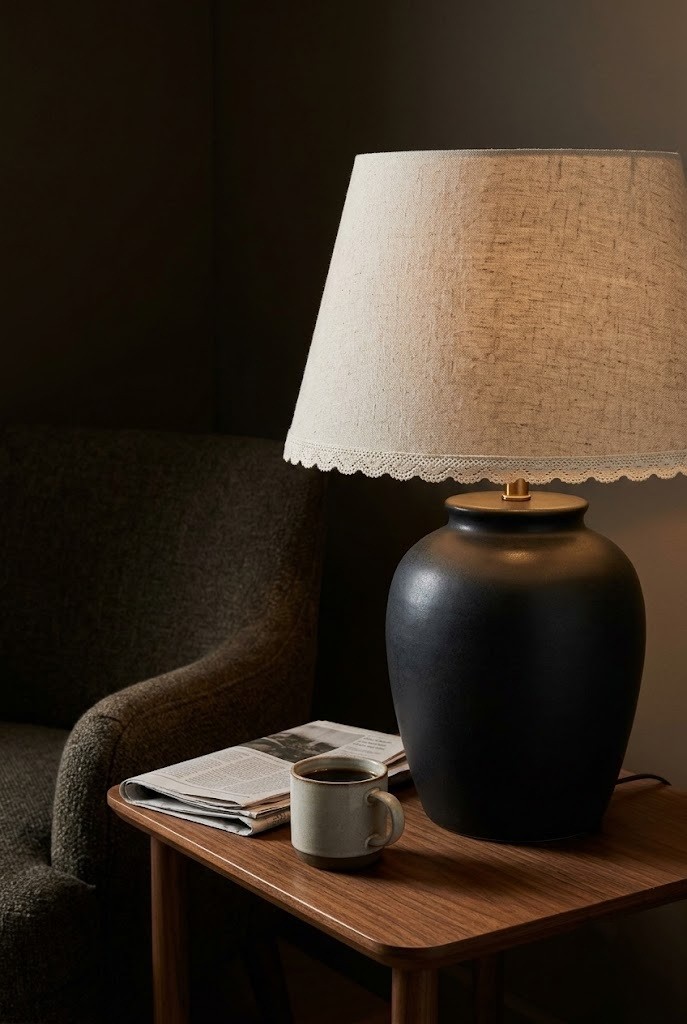 Oatmeal lamp shade with a narrow lace band at the rim on a heavy black ceramic base