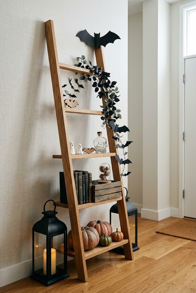 Leaning ladder shelf styled with Halloween decor in an apartment entry, freestanding, no wall anchoring