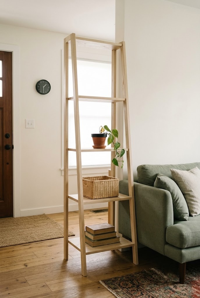 Open ladder shelf used as a see-through divider at a sofa corner near the door