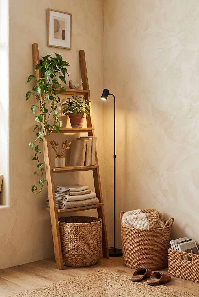 Leaning ladder shelf and slim floor lamp in a narrow living room corner