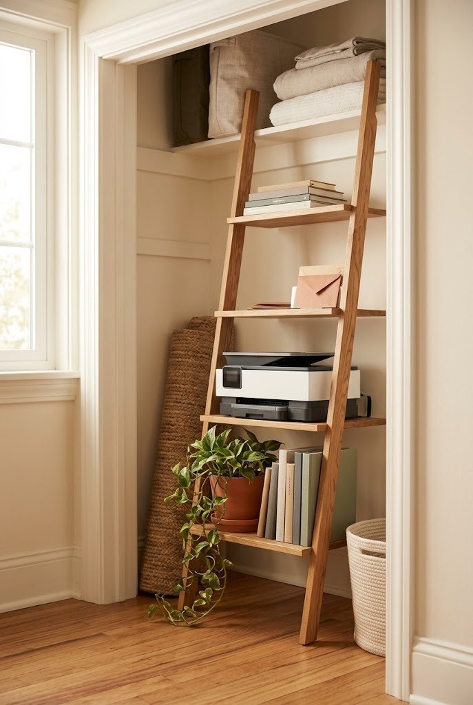 Freestanding ladder shelf beside a closet desk for open storage
