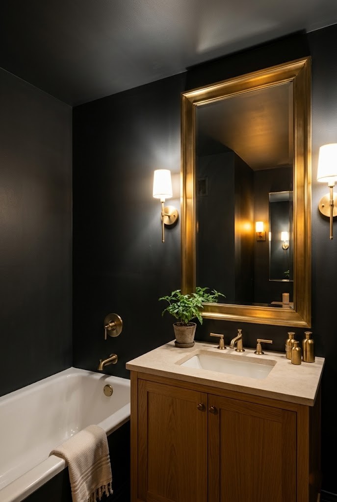 Large mirror bouncing warm light in a moody small bathroom with a white tub