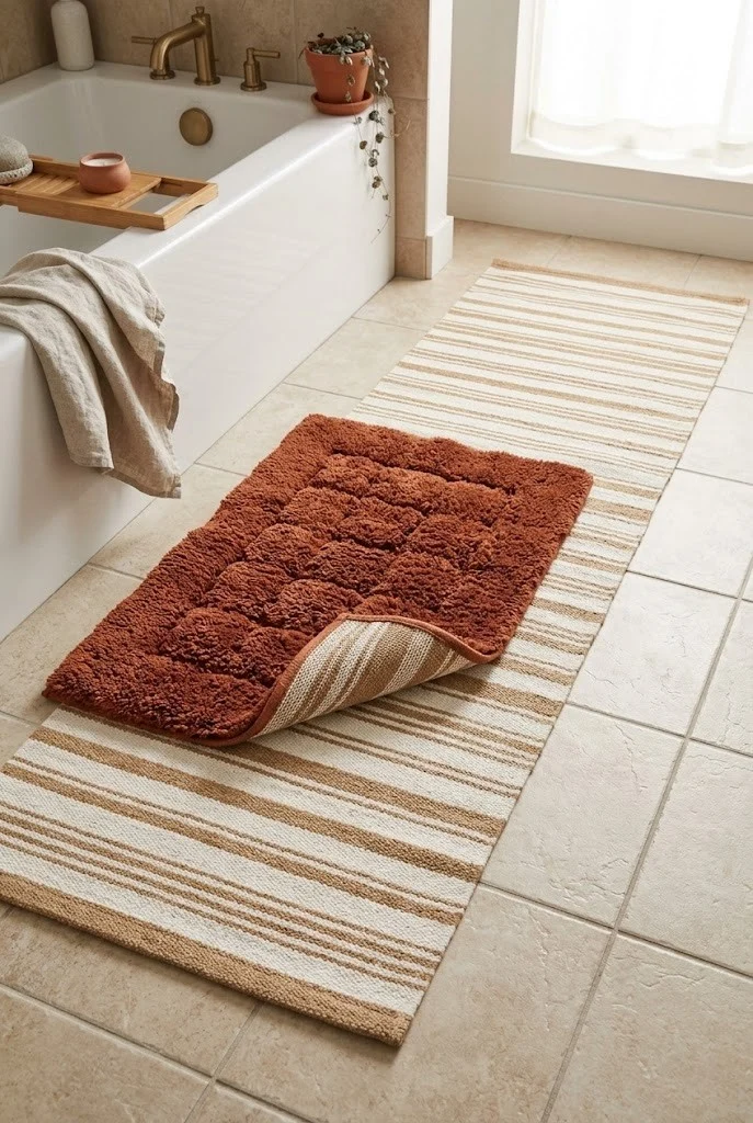 Layered cotton runner and plush rust bath mat over beige bathroom floor tile