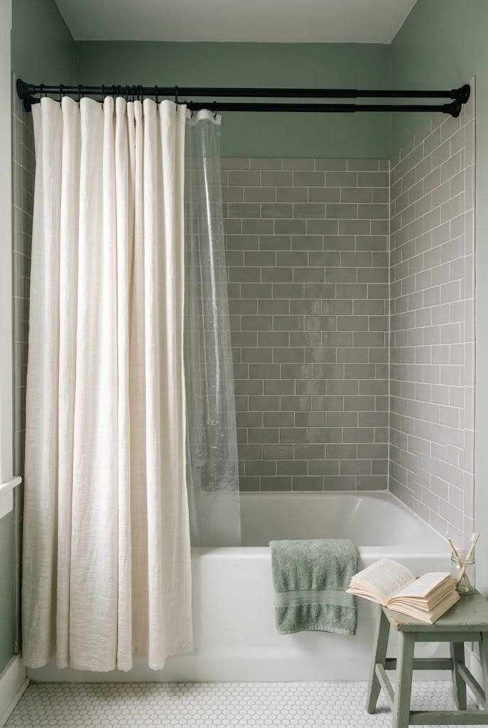Layered curtain and liner on a double tension rod over a rental tub