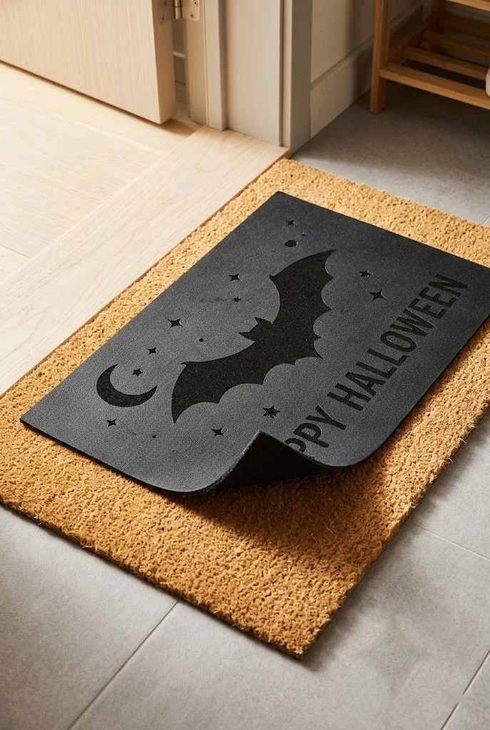 Layered Halloween doormat over a coir mat at an apartment entry threshold for a no-damage seasonal look