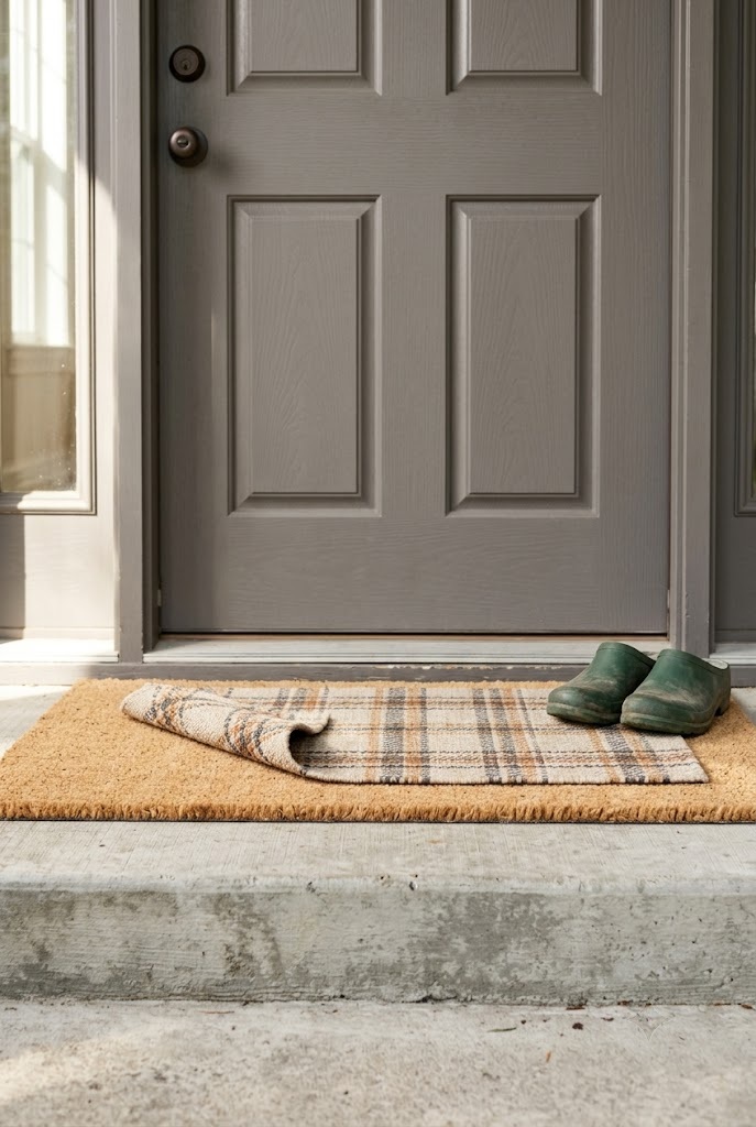 Small front porch fall decor with a layered coir and patterned doormat on a flat concrete stoop