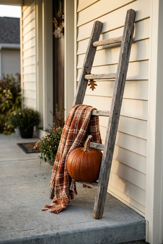 Small front porch fall decor using a leaned wooden ladder with a throw and pumpkin