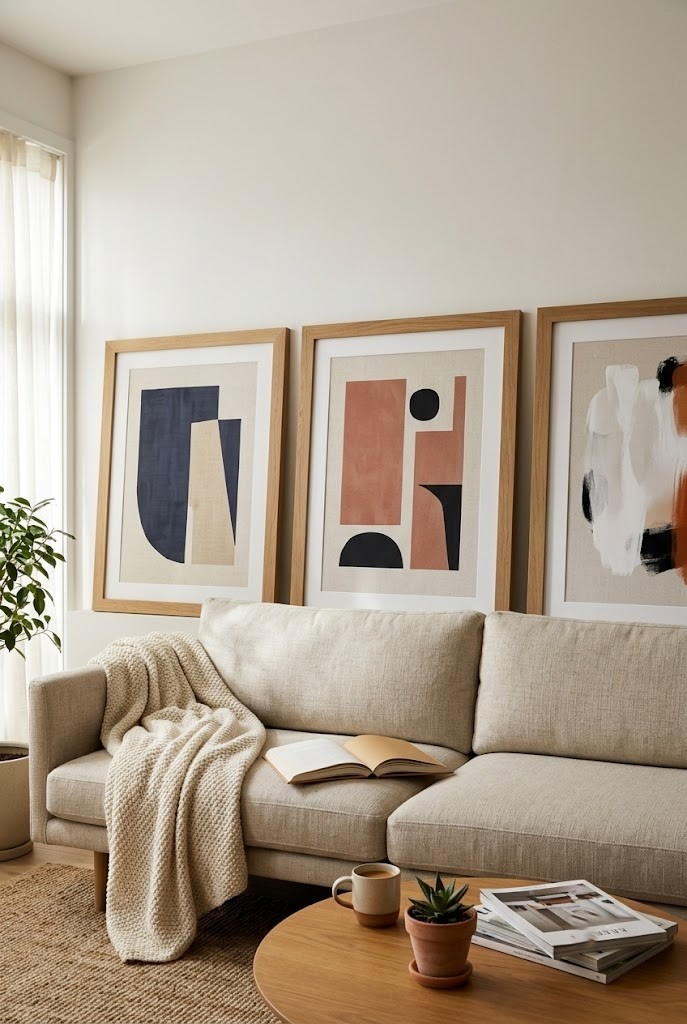 Renter-friendly accent wall of three oversized framed prints leaning on the floor behind a living room sofa
