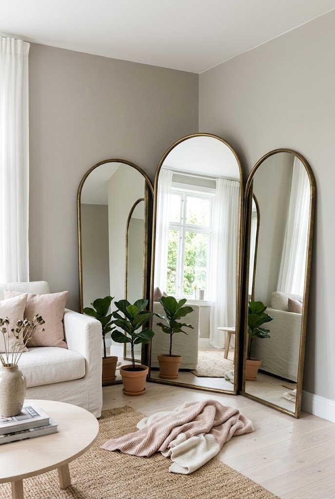 Renter accent wall made of three arched floor mirrors leaning together in a small living room