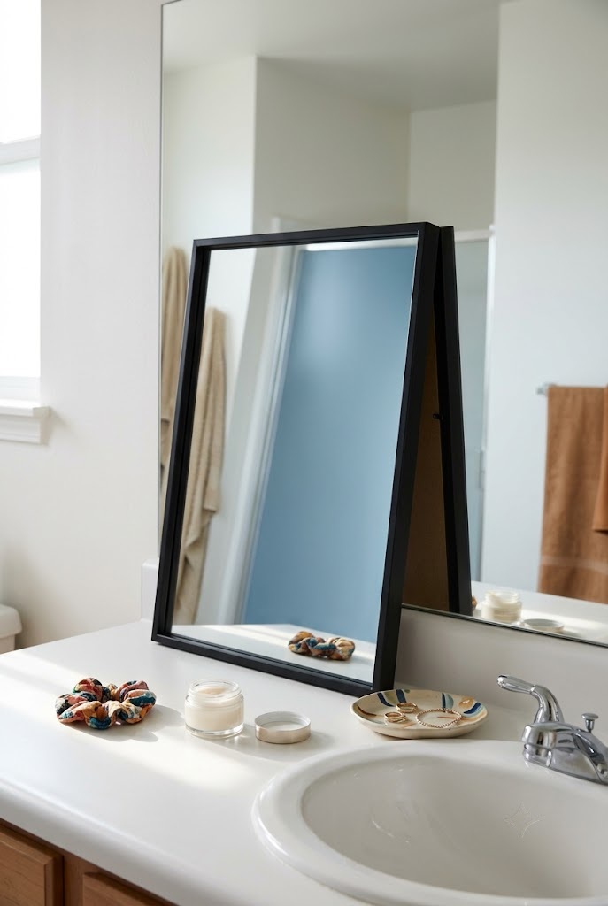 Framed mirror leaning on a bathroom vanity counter in front of a builder-grade wall mirror
