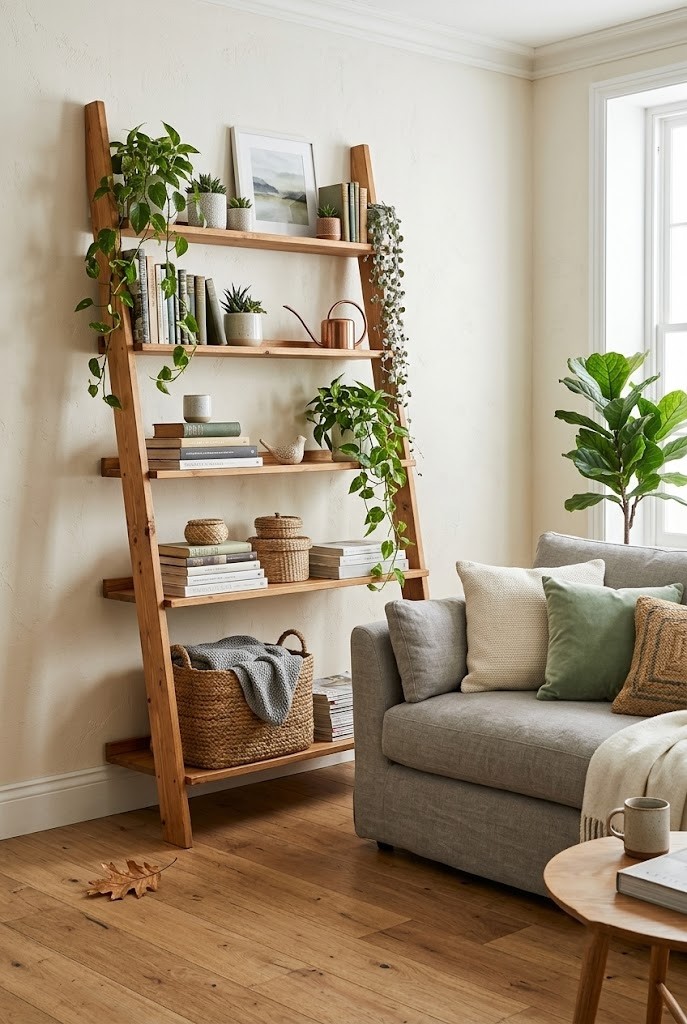 Leaning ladder shelf styled with books and trailing plants against a living room wall