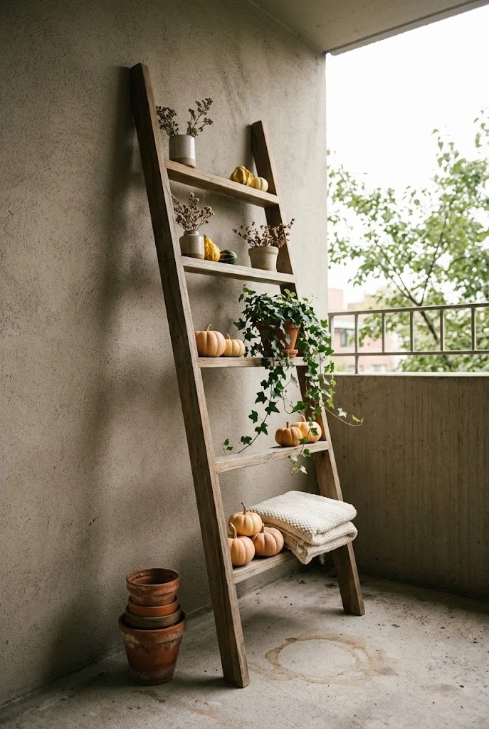 Leaning wooden ladder shelf with pumpkins and a throw on the lower rungs of a balcony