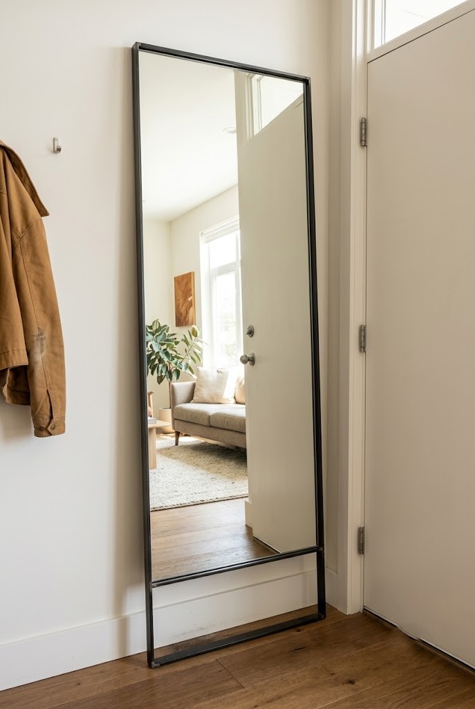Full-length mirror leaning in the narrow wall gap beside a front door