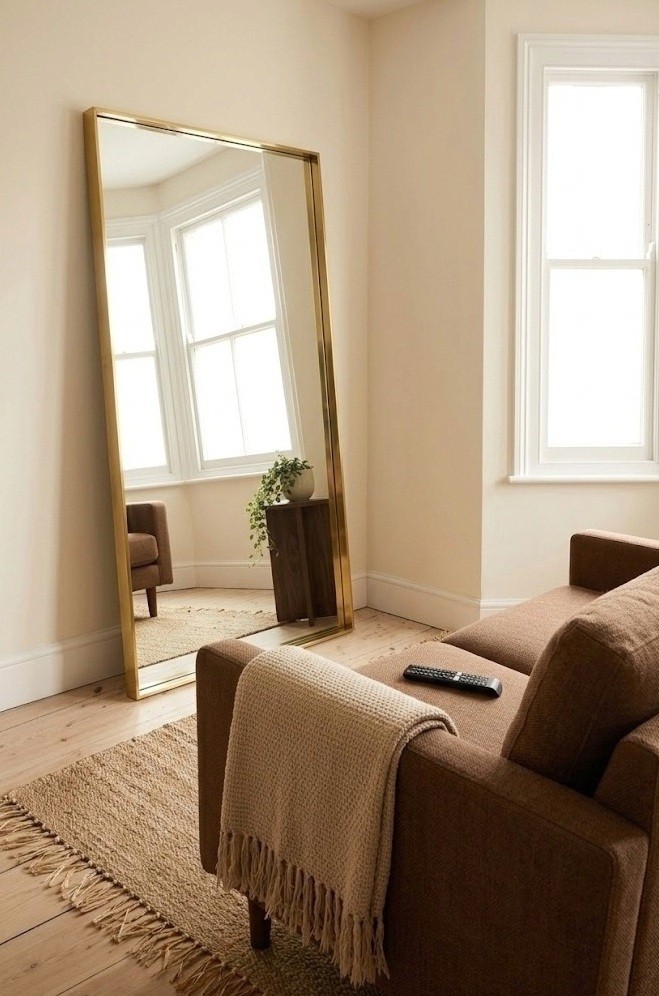 Brown sofa small living room with a tall leaning floor mirror reflecting window light