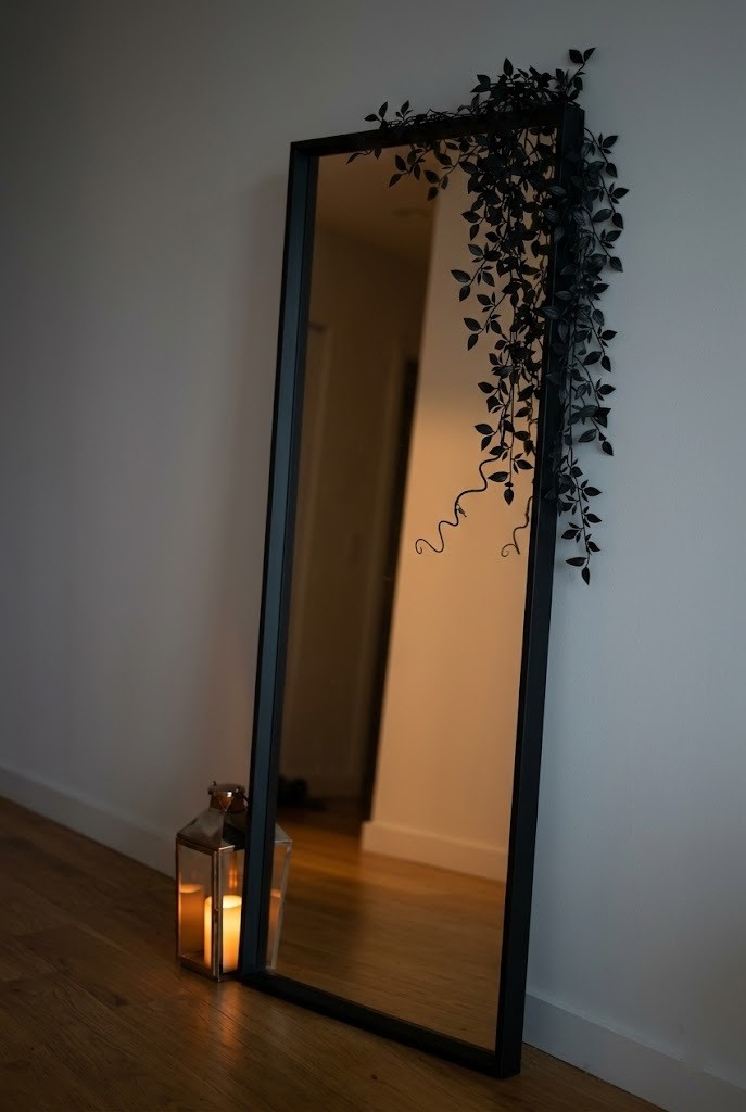 Leaning full-length mirror wreathed in faux black vine in an apartment entryway, no hanging hardware