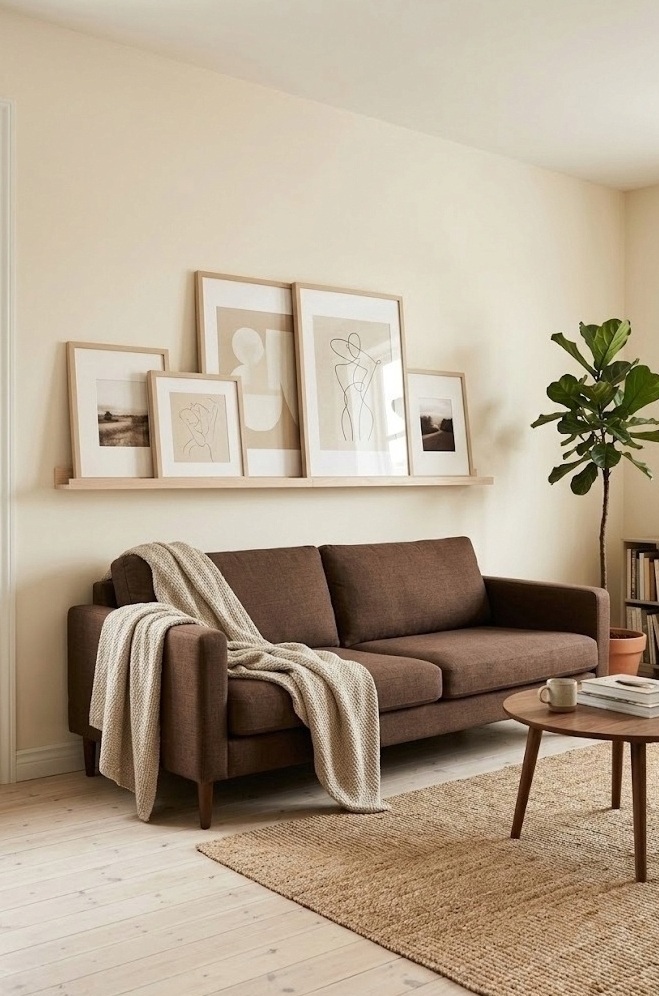 Brown sofa small living room with a leaning picture ledge of framed art and no drilling