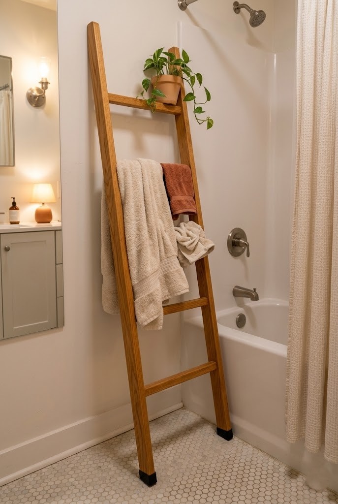 Freestanding leaning towel ladder next to a rental tub