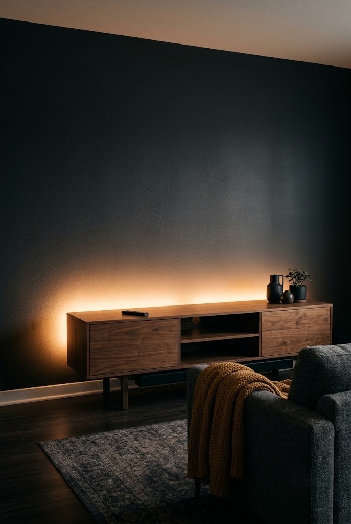 Warm LED backlight glowing behind a walnut media unit against a dark living room wall
