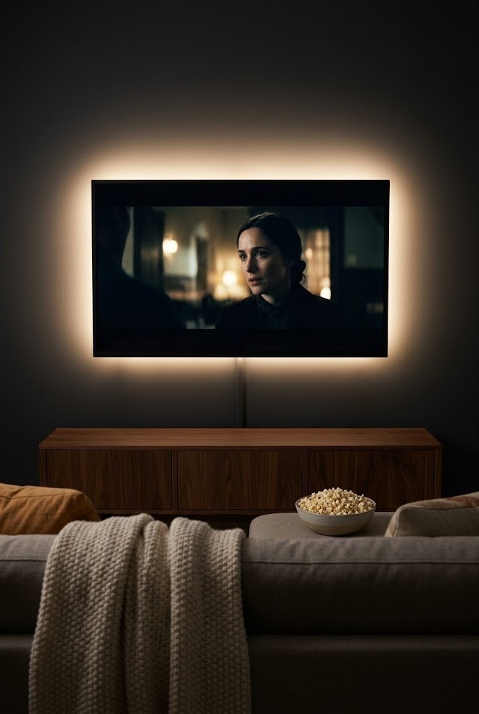 Warm LED bias light behind a TV easing eye strain with no overhead light