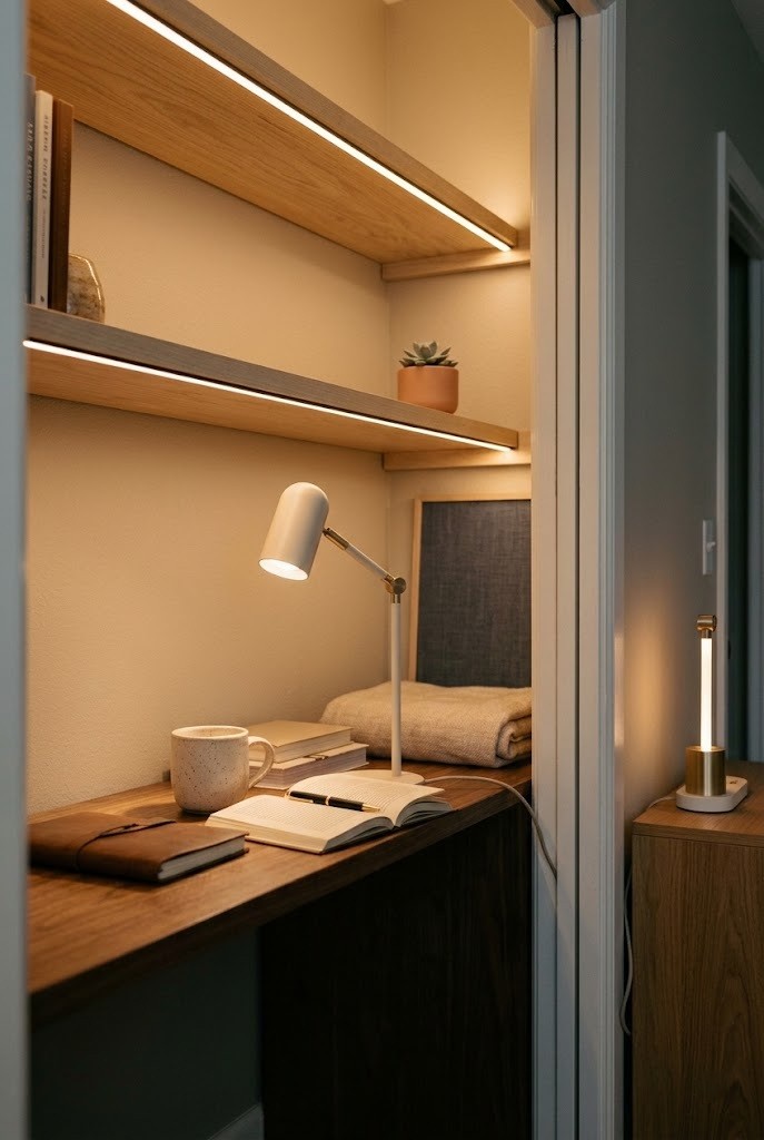 USB LED strip lighting a closet desk shelf