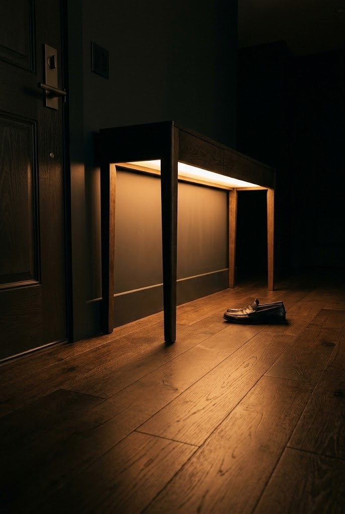 Warm LED strip under a console lip washing light onto the entry floor at night