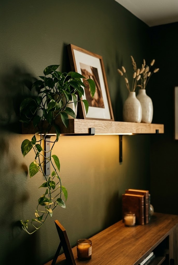 Moody living room lighting from a warm LED strip hidden under a floating wood shelf
