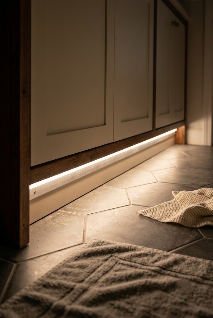 Warm LED strip lighting glowing beneath a rental bathroom vanity cabinet at night