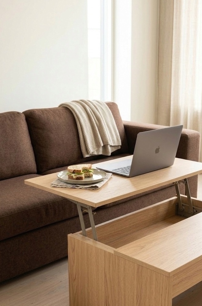 Lift-top coffee table raised to lap height in front of a brown sofa in a small living room