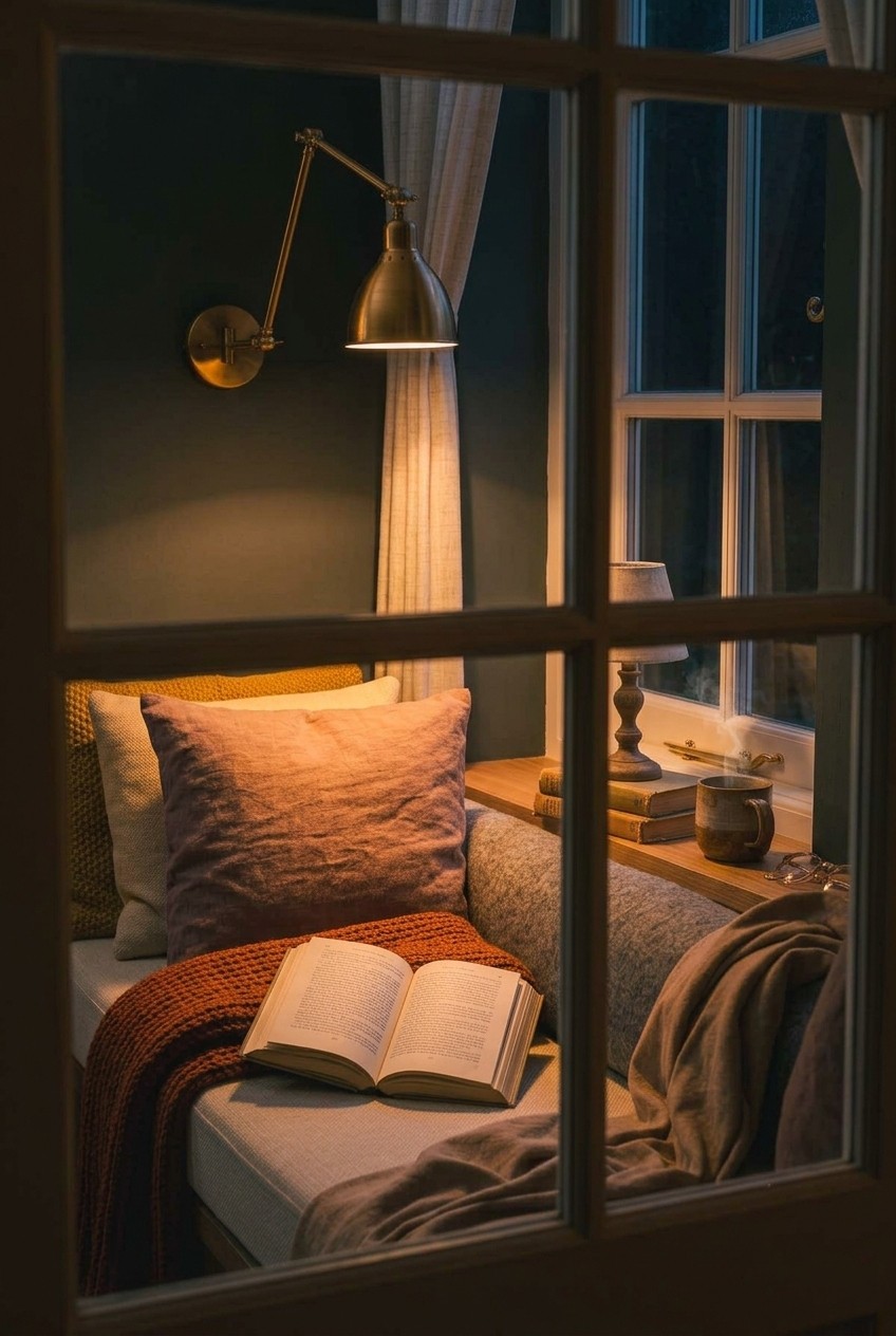 Window seat lit from the room side so the glow lands on the seat instead of behind the sitter