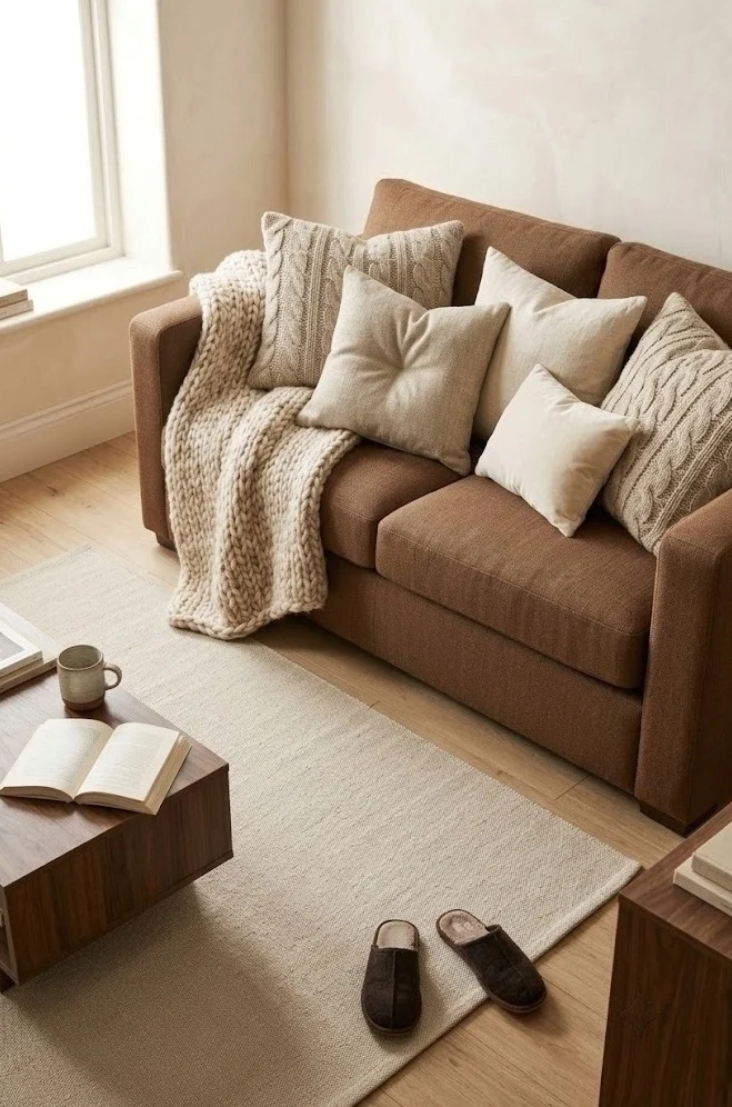 Light low-pile rug under a brown sofa lifting the floor in a small living room