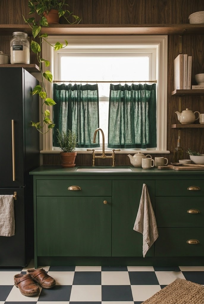 Dark linen cafe curtains on a tension rod over a cottage kitchen sink window