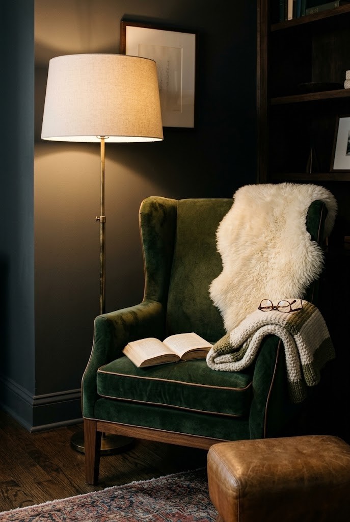 Tall linen floor lamp behind a green reading chair casting warm light over the shoulder