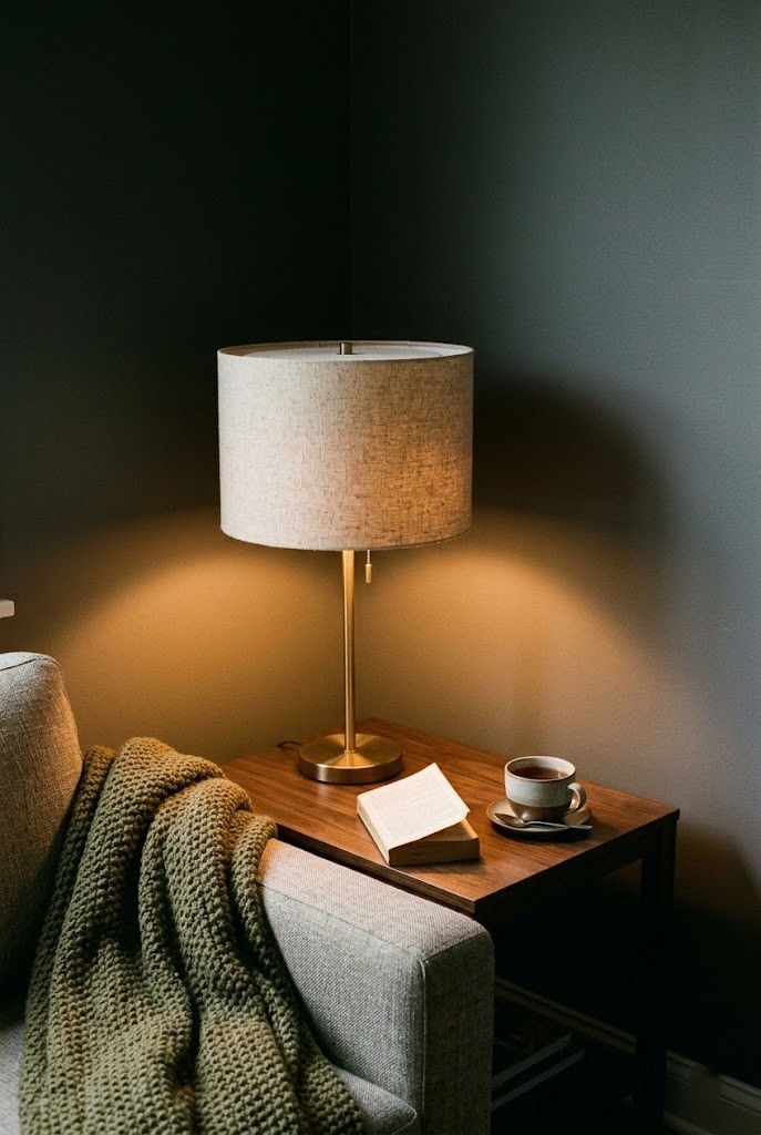 Moody living room lighting from a warm linen-shaded table lamp beside a low sofa, ceiling light off