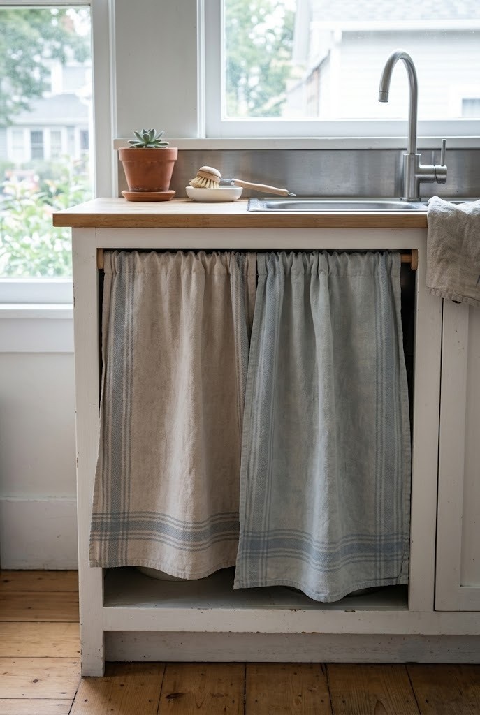 Two stone washed linen tea towels used as a split sink cabinet skirt with a centre overlap