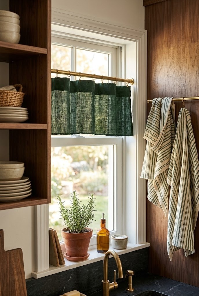 Linen valance and hung striped tea towels layered at a cottage kitchen window