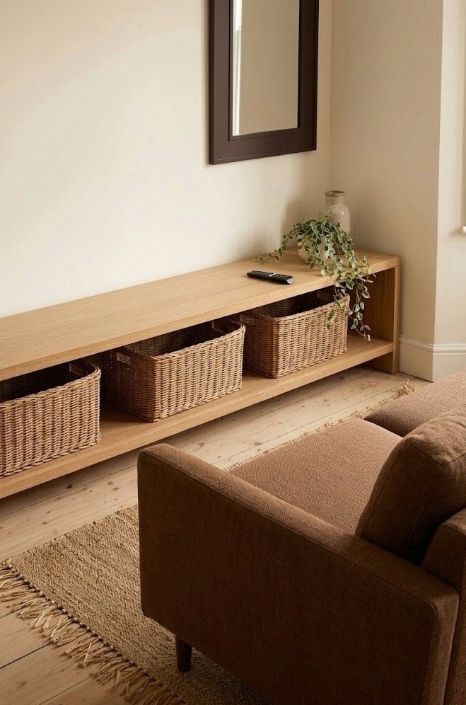 Low open console with woven baskets across from a brown sofa in a small living room
