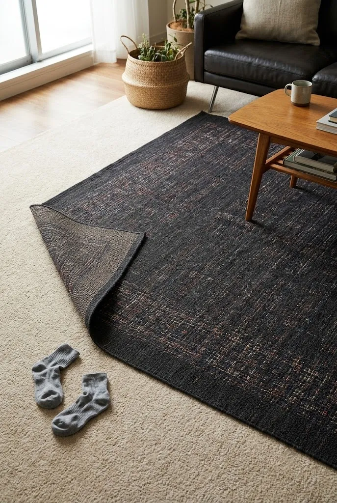 Dark flatweave rug layered over beige rental carpet in a living room
