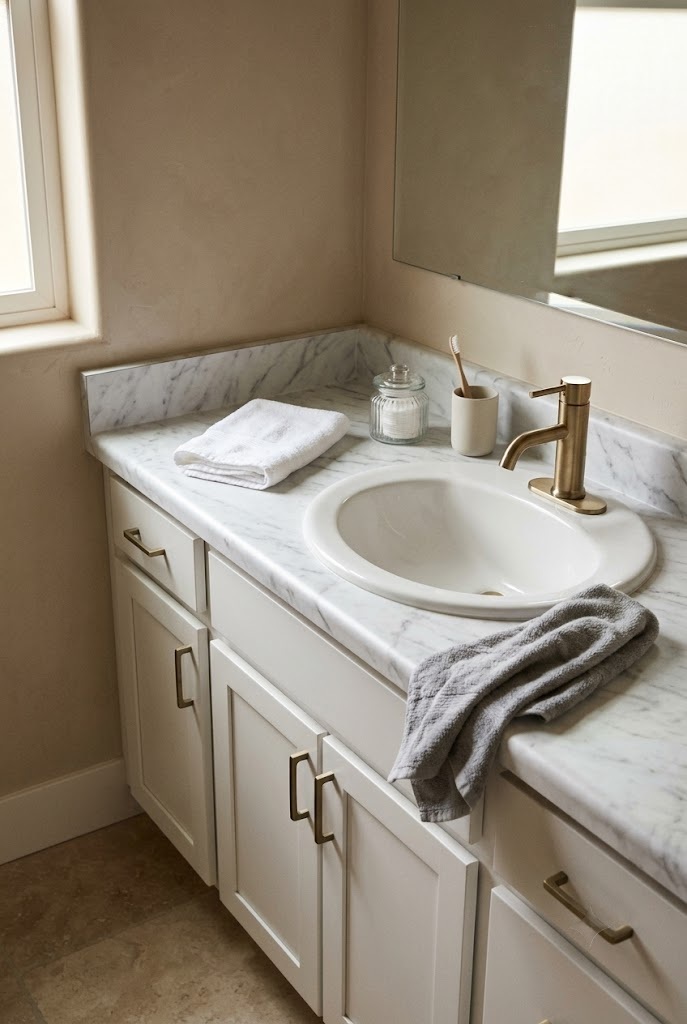 Renter friendly bathroom vanity makeover without painting using marble contact paper on the countertop