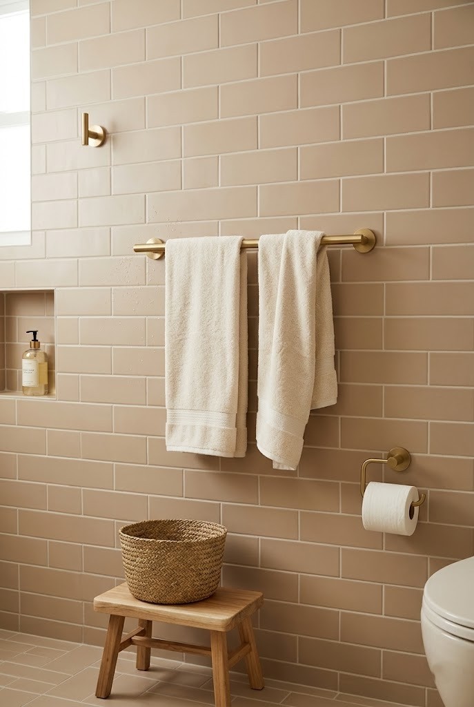 Matching brushed brass towel bar, robe hook, and paper holder on a beige tile wall
