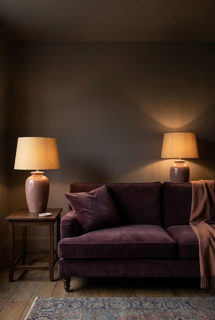 Matched pair of warm table lamps flanking a velvet sofa in a dimly lit living room